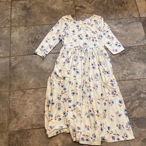 Light Yellow and Blue Flower Midi Dress